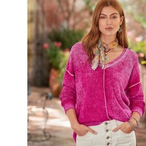 Sundance Cece 3/4 Sleeve V Neck Exposed Seam Acid Wash Sweater Size Large